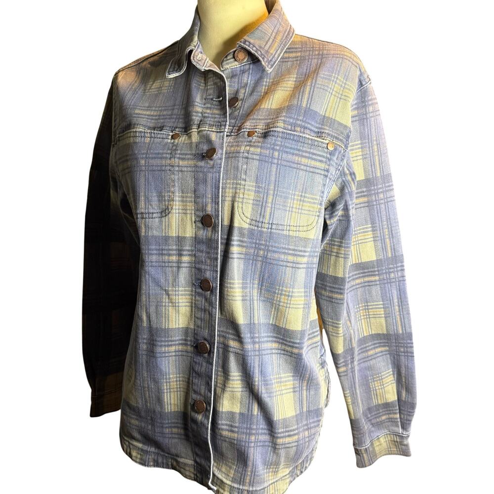 Judy Blue Plaid Denim Shacket, Blue Yellow Button Down Jacket, Size Small